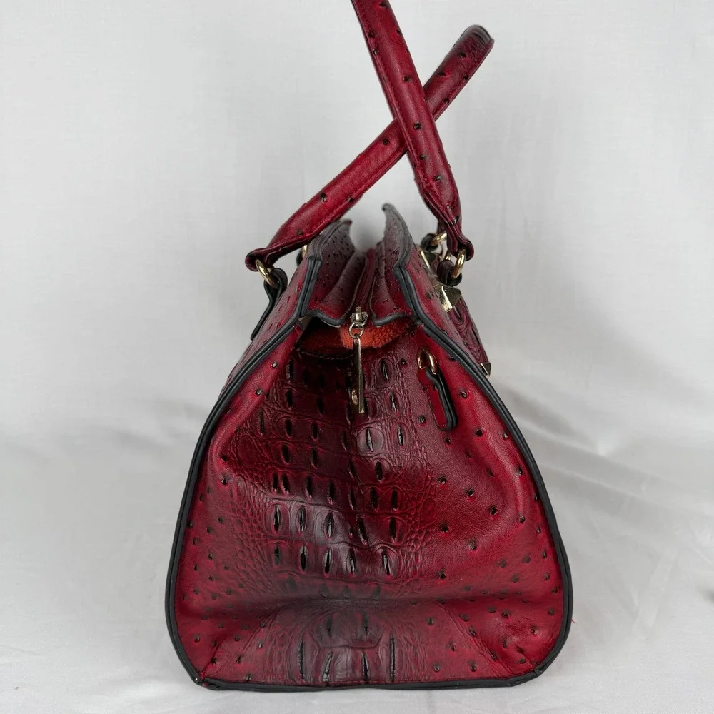 Mia K Farrow Red Ostrich Crocodile Embossed Satchel Handbag Gold Hardware
